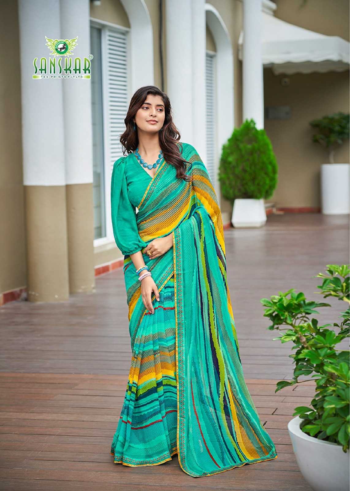 radhe by sanskar tex prints georgette new trendy saree wholesaler