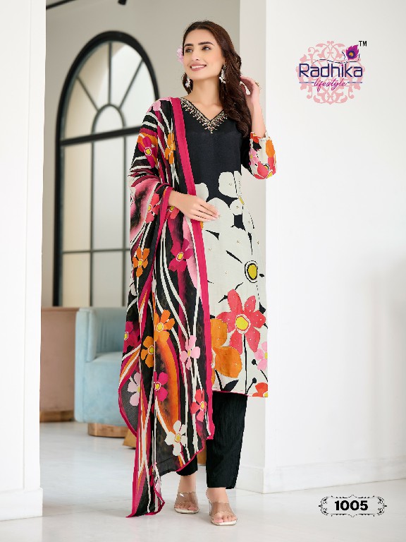 Radhika Lifestyle Festive Dairies Vol-1 Wholesale Muslin Print With Handwork Top With Pant And Dupatta