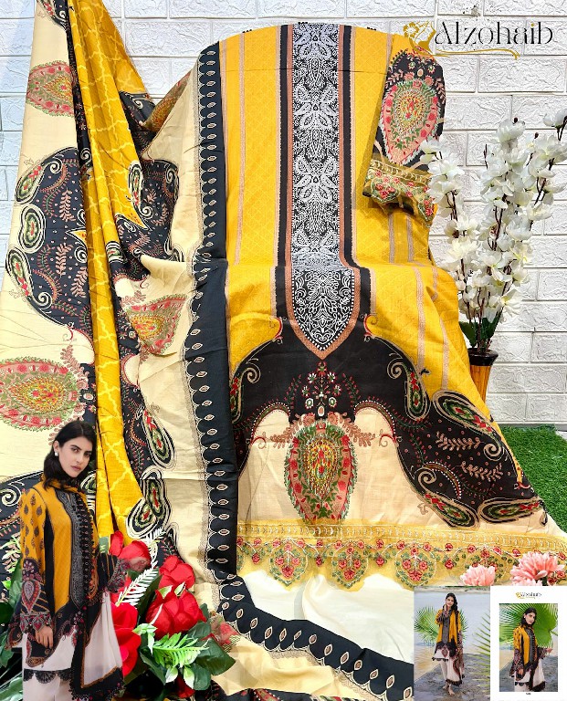 alzohaib M basics vol 4 1058-59 pakistani embroidery cotton print 3pcs dress