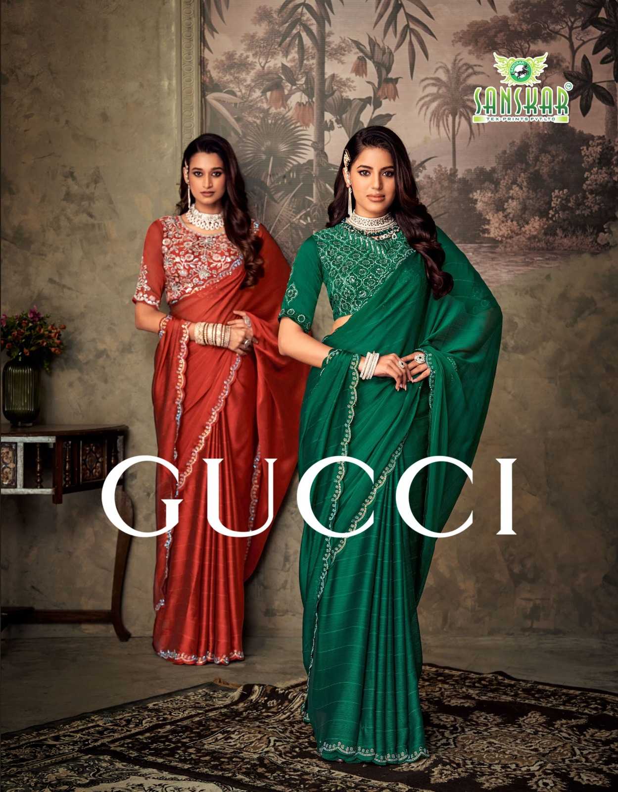 gucci by sanskar tex prints chiffon attractive look saree with stitch blouse