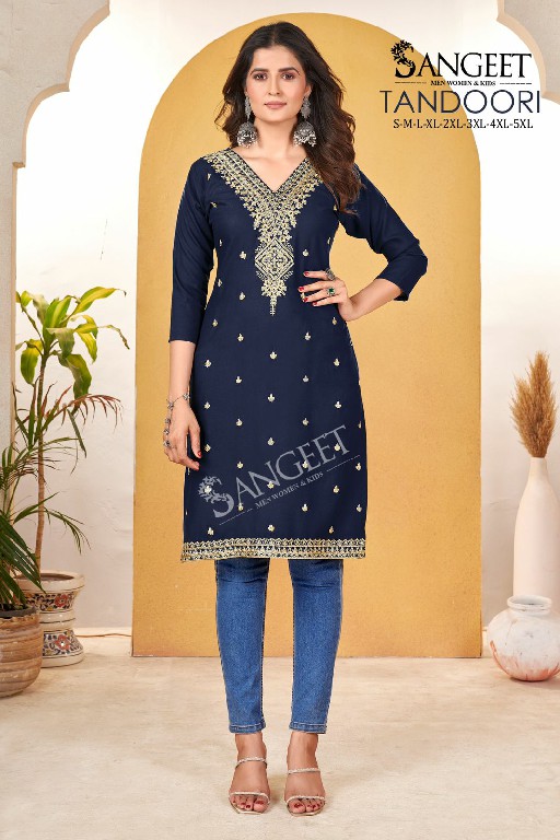 Sangeet Tandoori Wholesale Heavy Reyon Neck Embroidery Kurtis