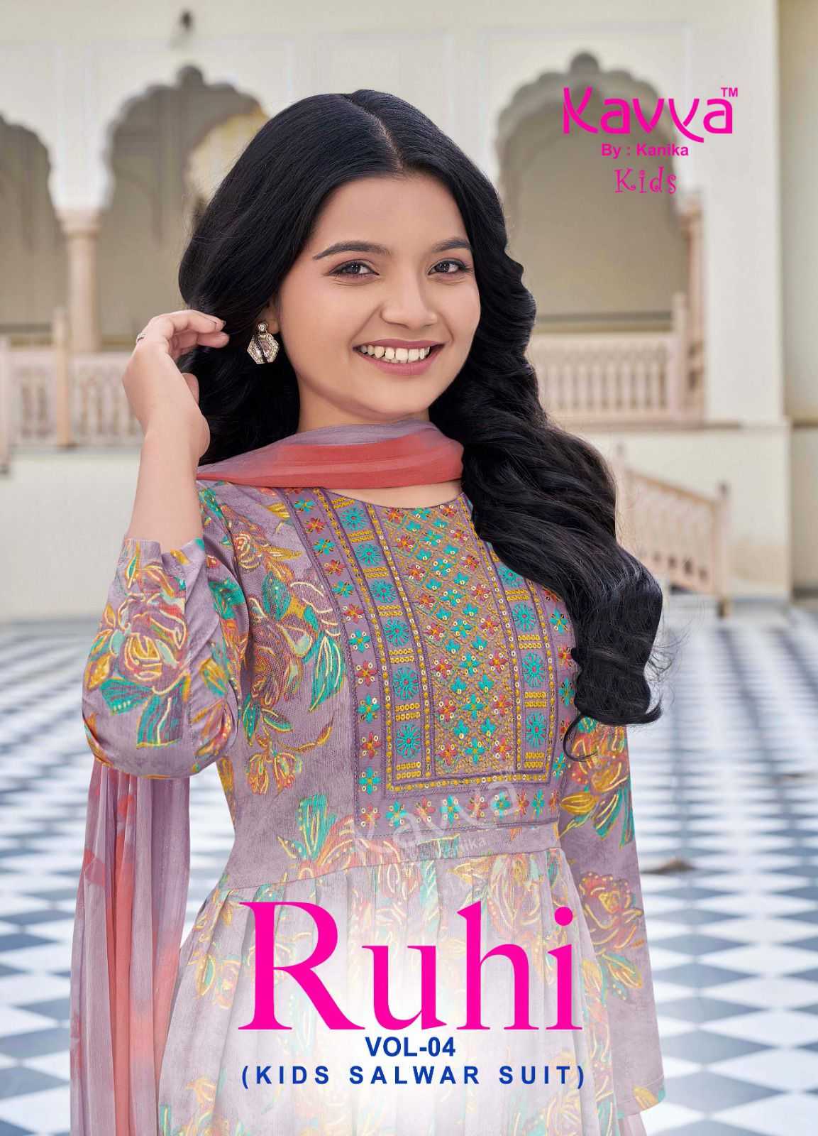 kavya ruhi vol 4 umbrella cut capsule print full stitch combo kids 3pcs dress