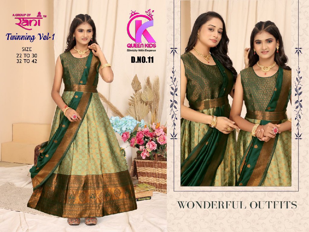 Queen Kids twinning vol 1 traditional wear full stitch mother daughter combo gown set