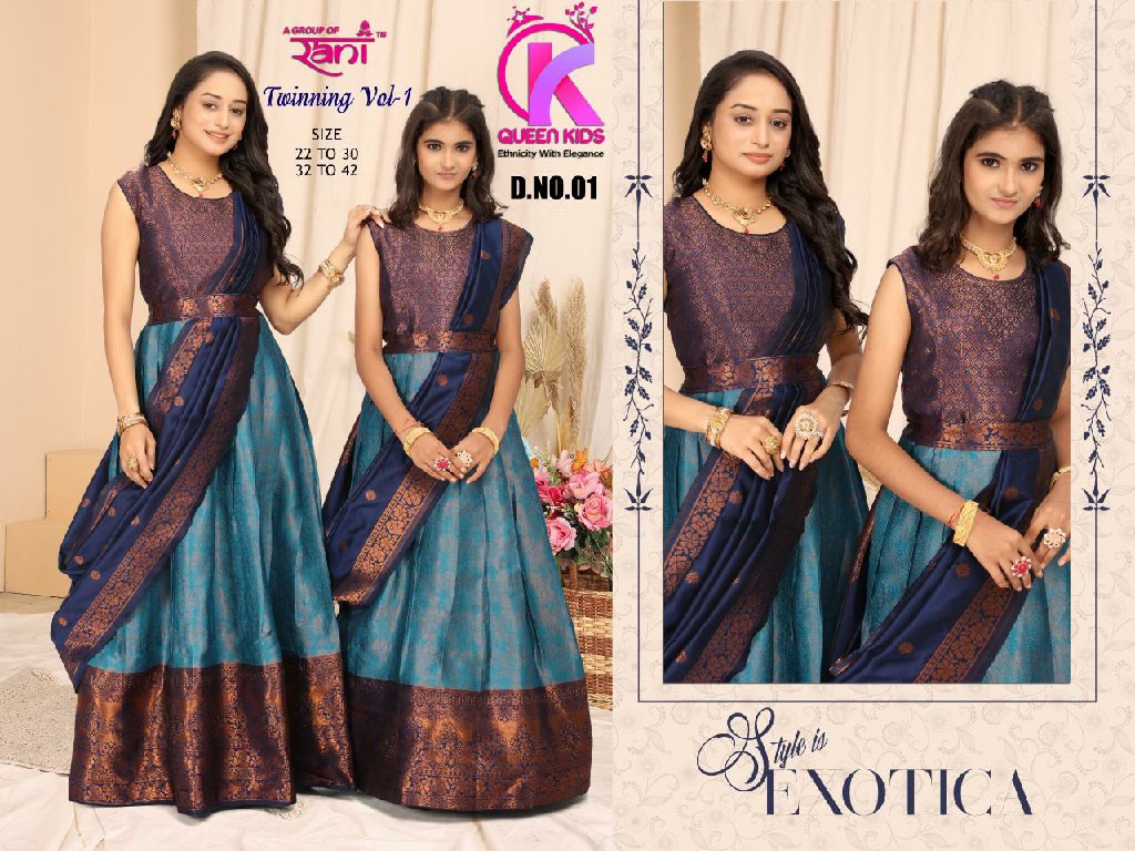 Queen Kids twinning vol 1 traditional wear full stitch mother daughter combo gown set