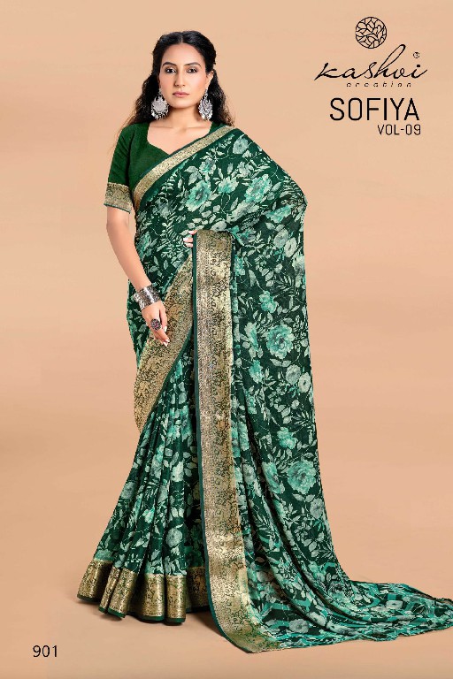 Kashvi Sofiya Vol-9 Wholesale Dull Moss Zari Border Sarees