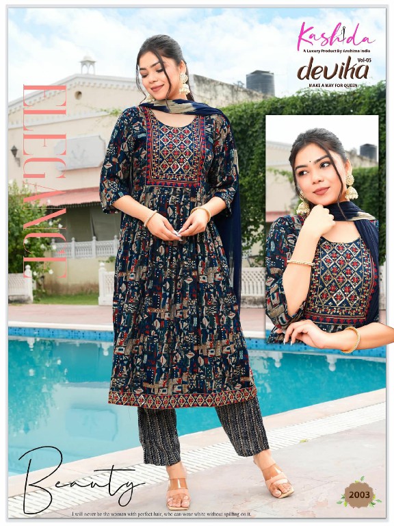 Kashida Devika Vol-5 Wholesale Nayra Kurti Pant And Shiburi Dupatta