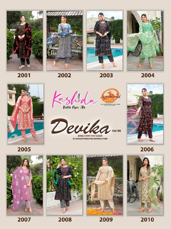 Kashida Devika Vol-5 Wholesale Nayra Kurti Pant And Shiburi Dupatta