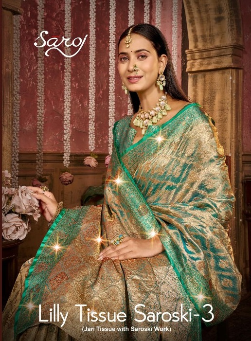 Saroj Lilly Tissue Saroski Vol-3 Wholesale Jari Tissue Swaroski Work Sarees