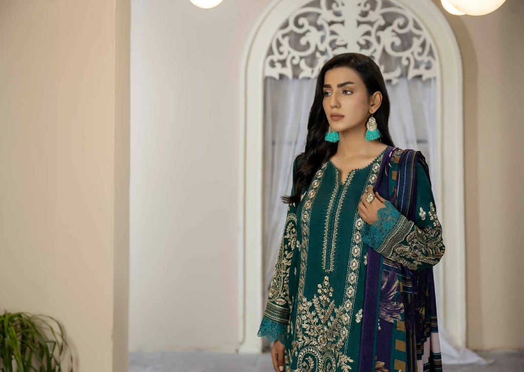 Johra Mira Embroidered Peach Leather With Printed Wool Shawl Pakistani Suits