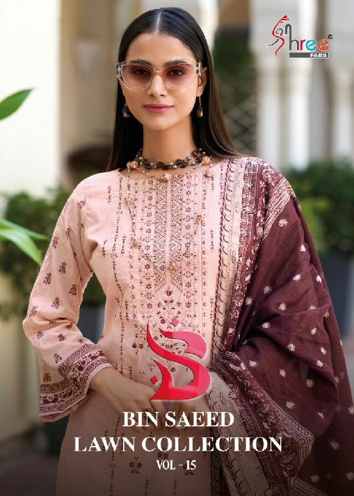 Shree Fabs Bin Saeed Lawn Collection Vol-15 Wholesale Pure Cotton With Self Embroidery Pakistani Suits