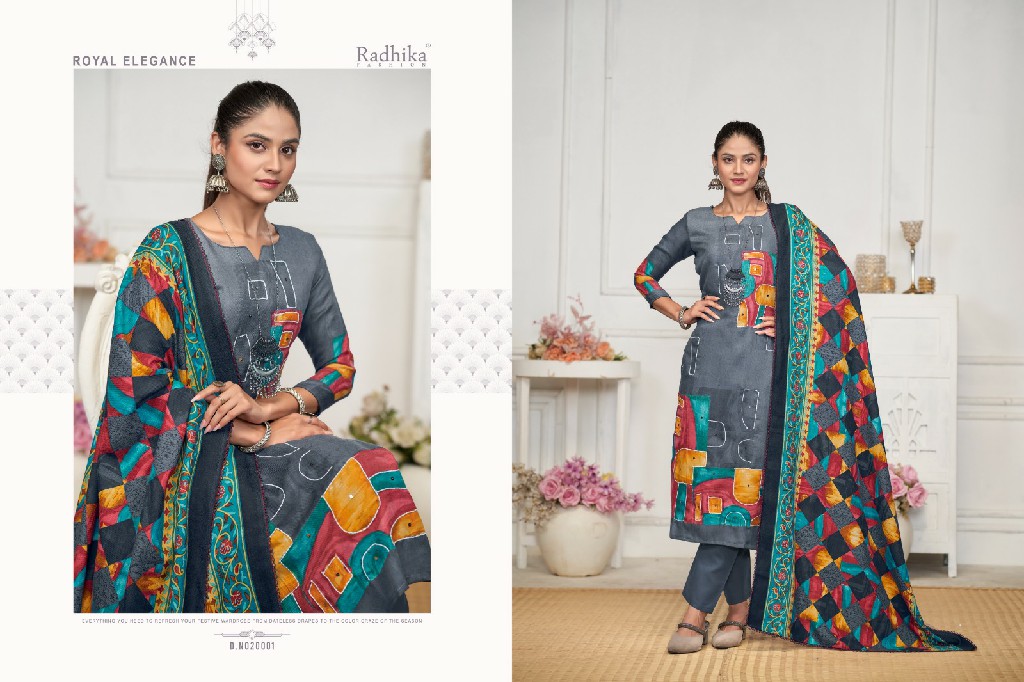 radhika fashion sumyra rehnuma pashmina stylish print ladies suits