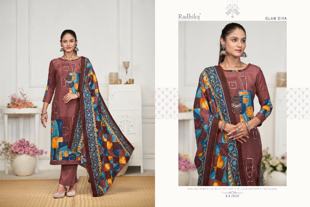 radhika fashion sumyra rehnuma pashmina stylish print ladies suits