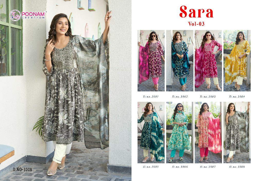 Poonam Creation Sara Vol-3 Wholesale Reyon Foil Top With Pant And Dupatta