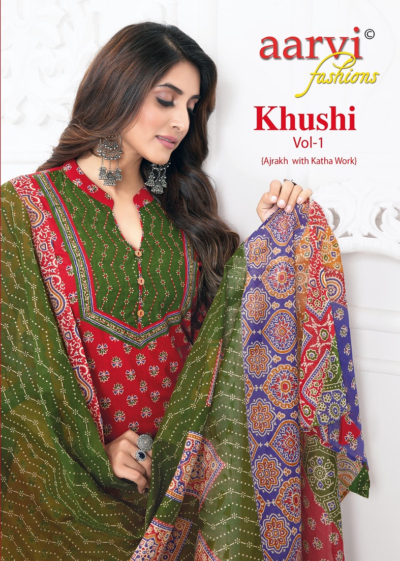 Aarvi Khushi Vol-1 Wholesale Ajrakh With Katha Work Readymade Suits