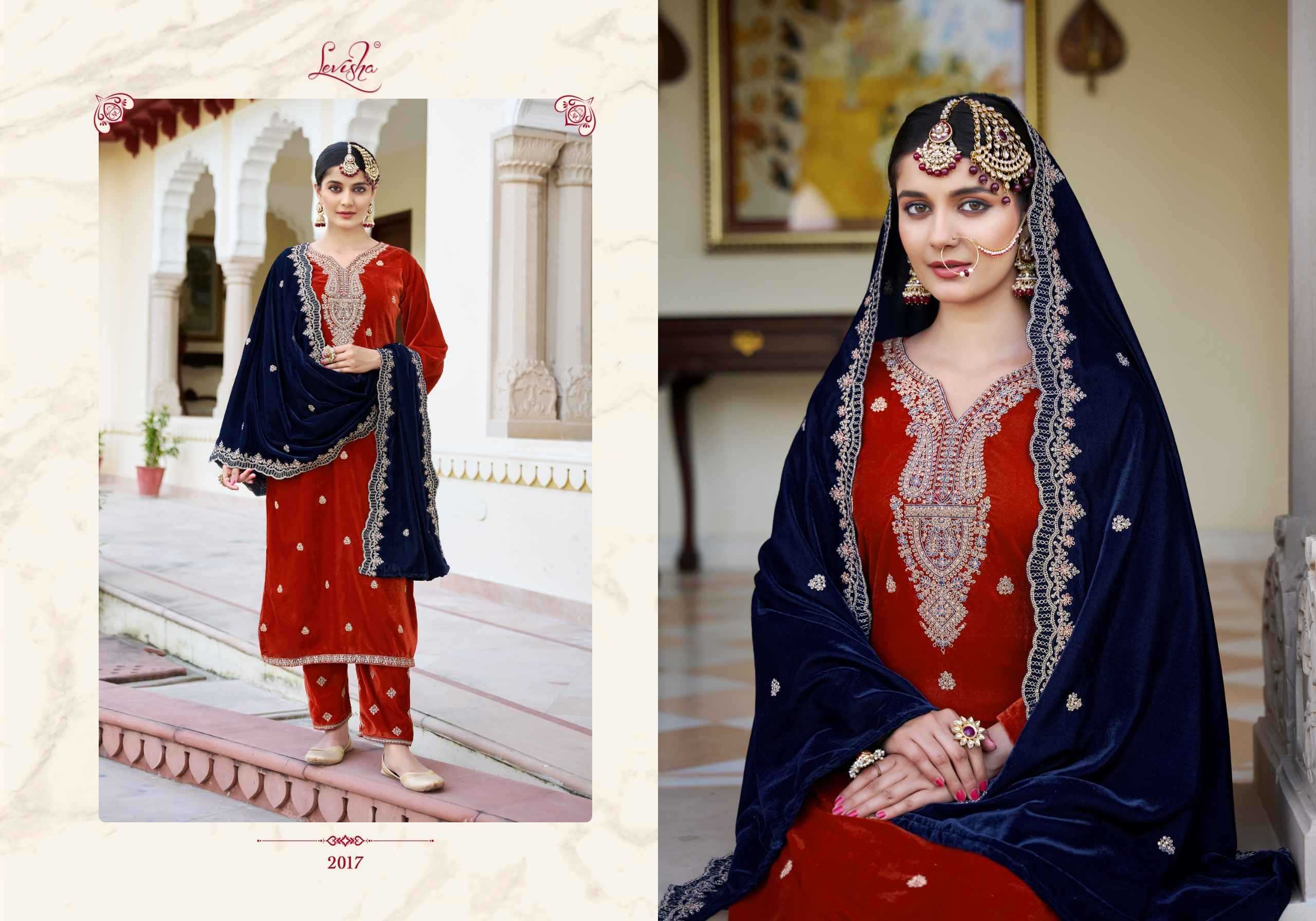 levisha riwaaz embroidery work winter wear velvet salwar suits