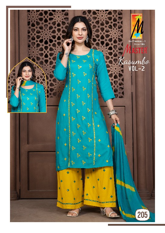 Master Kasumbo Vol-2 Wholesale Reyon Work Top With Pant And Dupatta