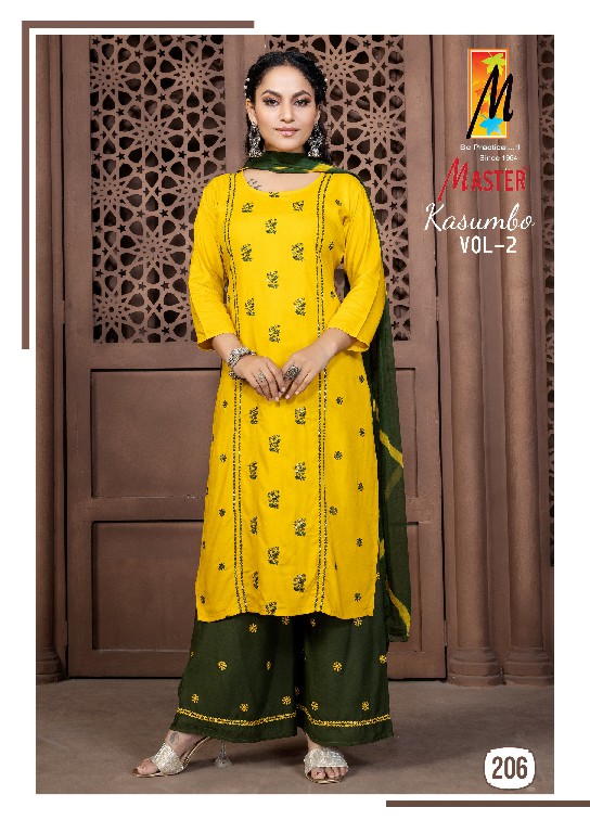 Master Kasumbo Vol-2 Wholesale Reyon Work Top With Pant And Dupatta