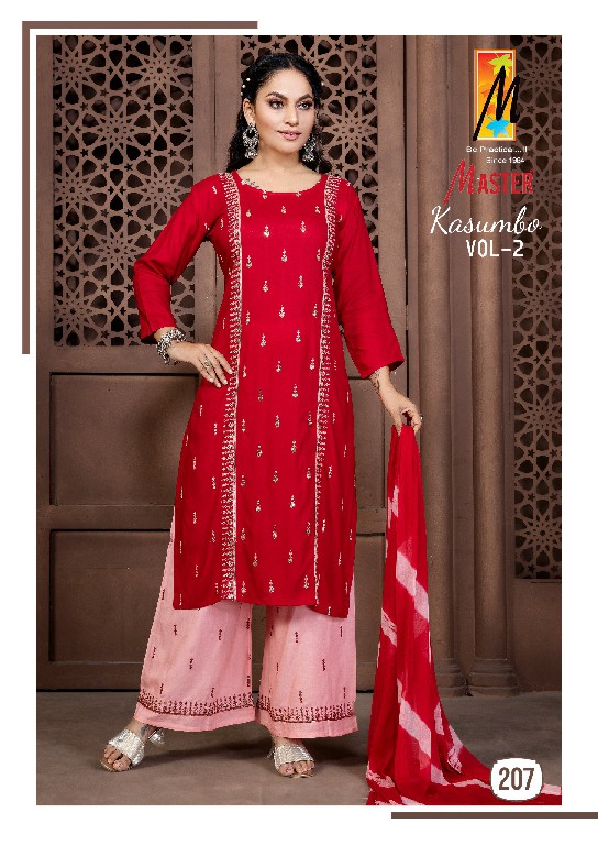 Master Kasumbo Vol-2 Wholesale Reyon Work Top With Pant And Dupatta