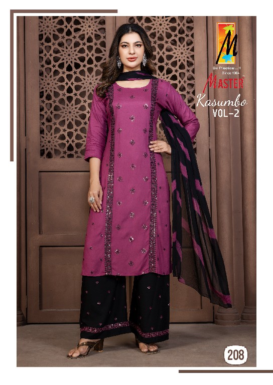 Master Kasumbo Vol-2 Wholesale Reyon Work Top With Pant And Dupatta