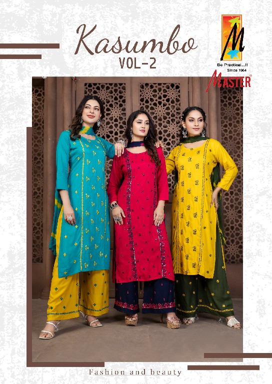 Master Kasumbo Vol-2 Wholesale Reyon Work Top With Pant And Dupatta