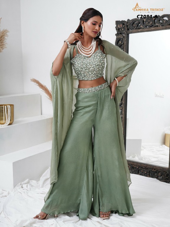 Amoha C2081 embroidery work chinon readymade plazzo style crop top with shrug