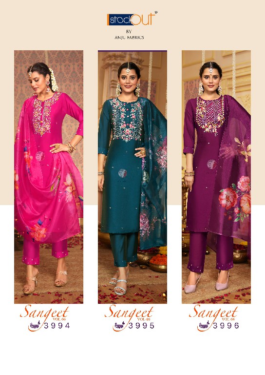 ANJU FAB SANGEET VOL 6 FULL STITCH DESIGNER BEAUTIFUL HANDWORK KURTI PANT DUPATTA