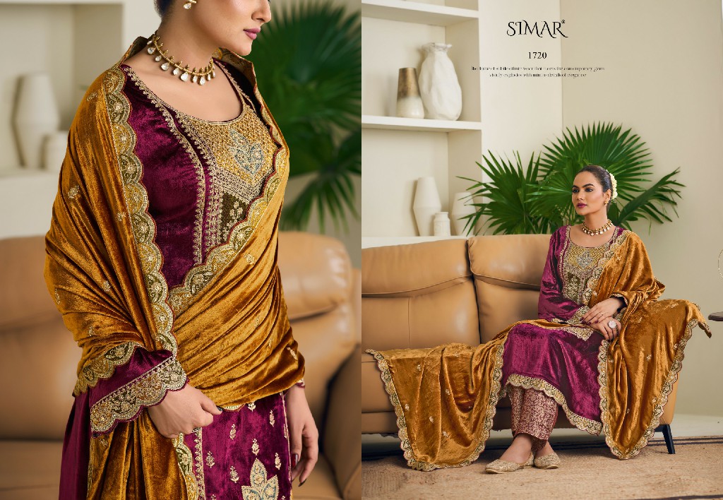 Glossy Simar Velvet Ishq Wholesale Pure Viscose Velvet  Embroidery Work Winter Suits