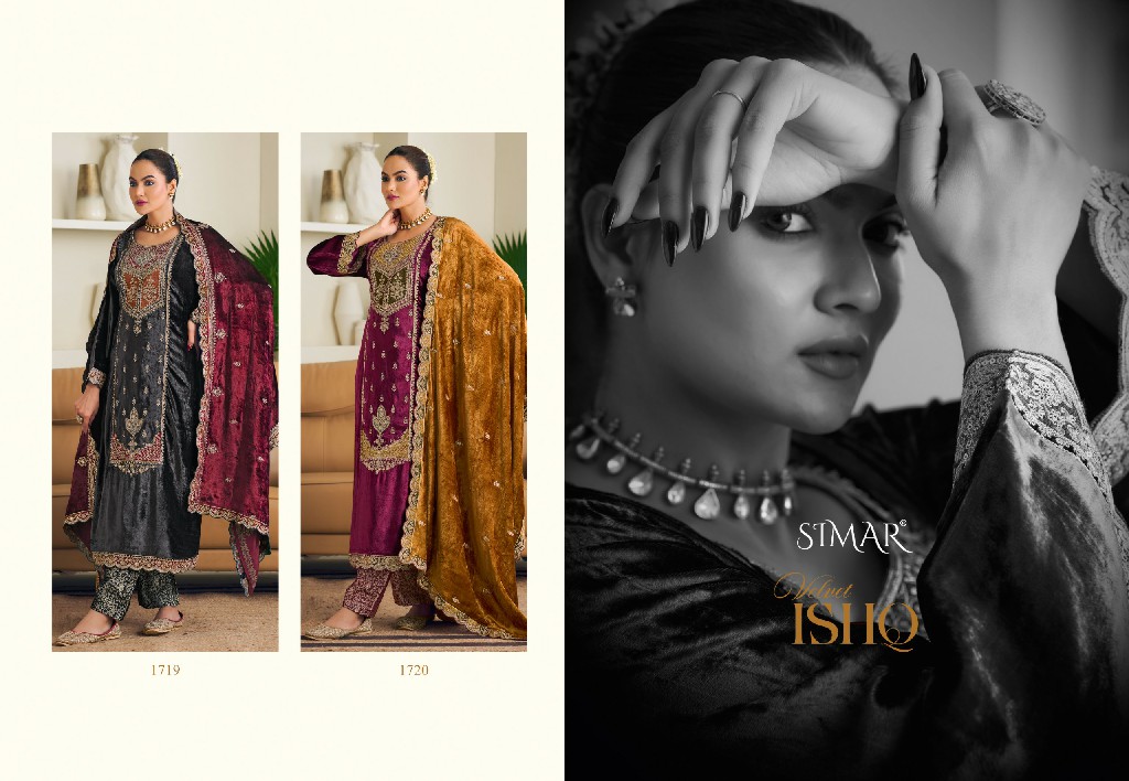 Glossy Simar Velvet Ishq Wholesale Pure Viscose Velvet  Embroidery Work Winter Suits