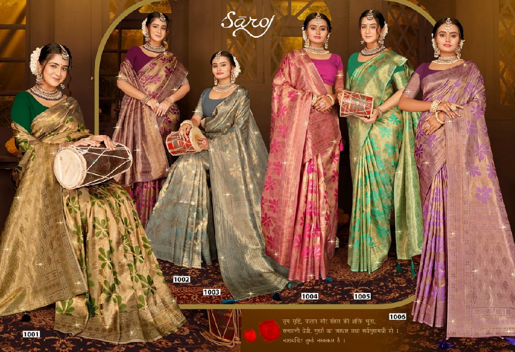 Saroj Shahzeen Tissue Saroski Vol-3 Wholesale Heavy Satin Fabrics Sarees