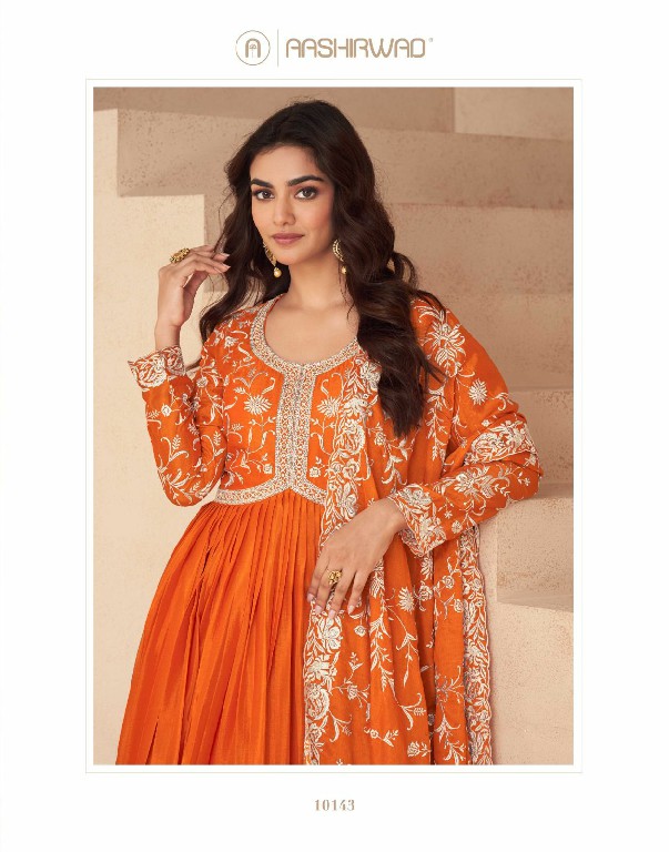 Aashirwad Kesariya Wholesale Chinon Silk Gown With Dupatta Free Size Stitched Suits