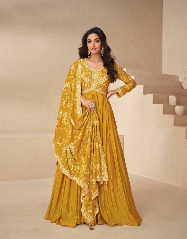 Aashirwad Kesariya Wholesale Chinon Silk Gown With Dupatta Free Size Stitched Suits
