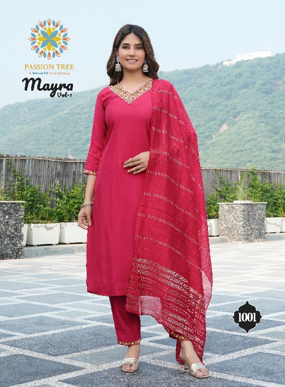 Passion Tree Mayra Vol-1 Wholesale Roman Silk Straight Kurti With Pant And Dupatta
