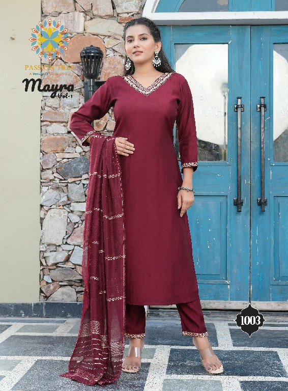 Passion Tree Mayra Vol-1 Wholesale Roman Silk Straight Kurti With Pant And Dupatta