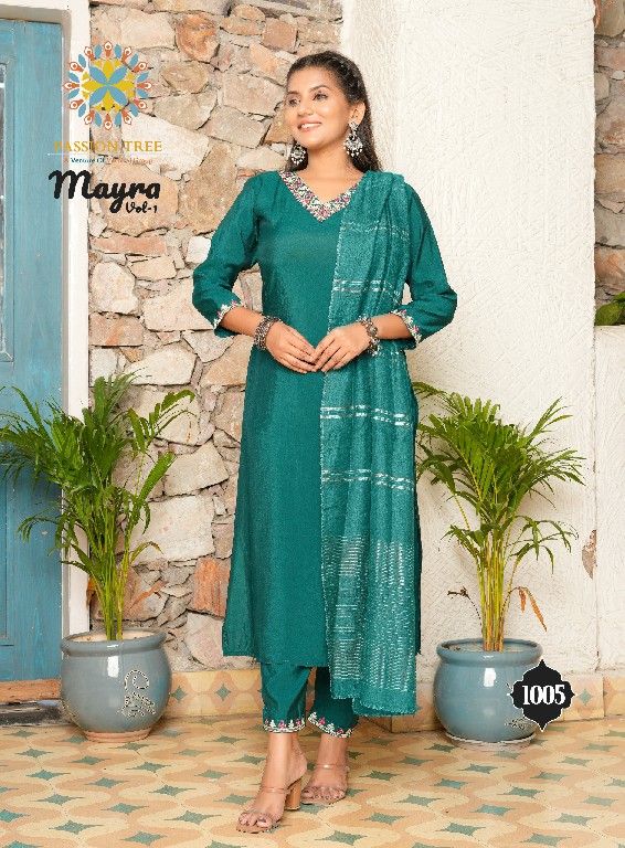 Passion Tree Mayra Vol-1 Wholesale Roman Silk Straight Kurti With Pant And Dupatta