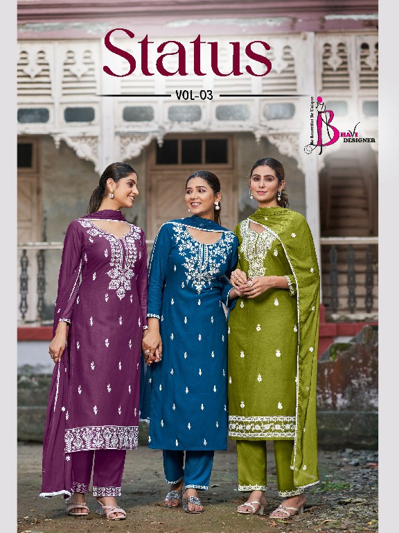 Bhavi Status Vol-3 Wholesale Reyon With Work Top With Pant And Dupatta