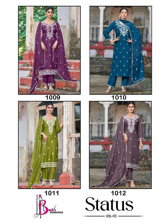 Bhavi Status Vol-3 Wholesale Reyon With Work Top With Pant And Dupatta