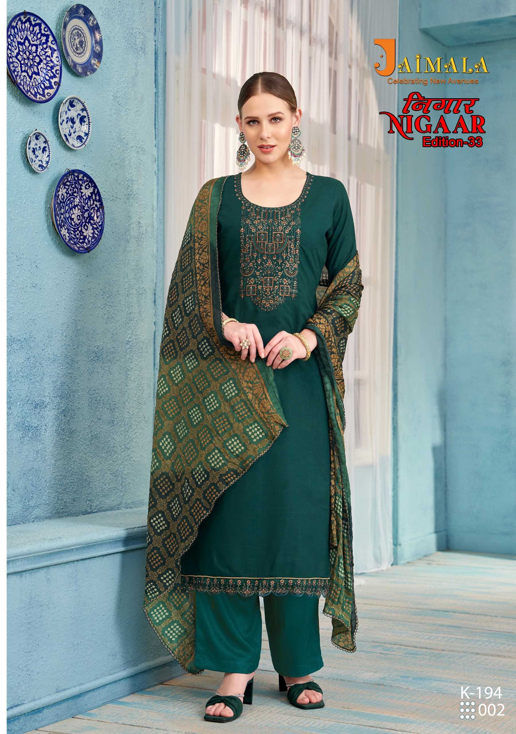 nigaar vol 33 by jaimala alok attractive rayon ladies suits online