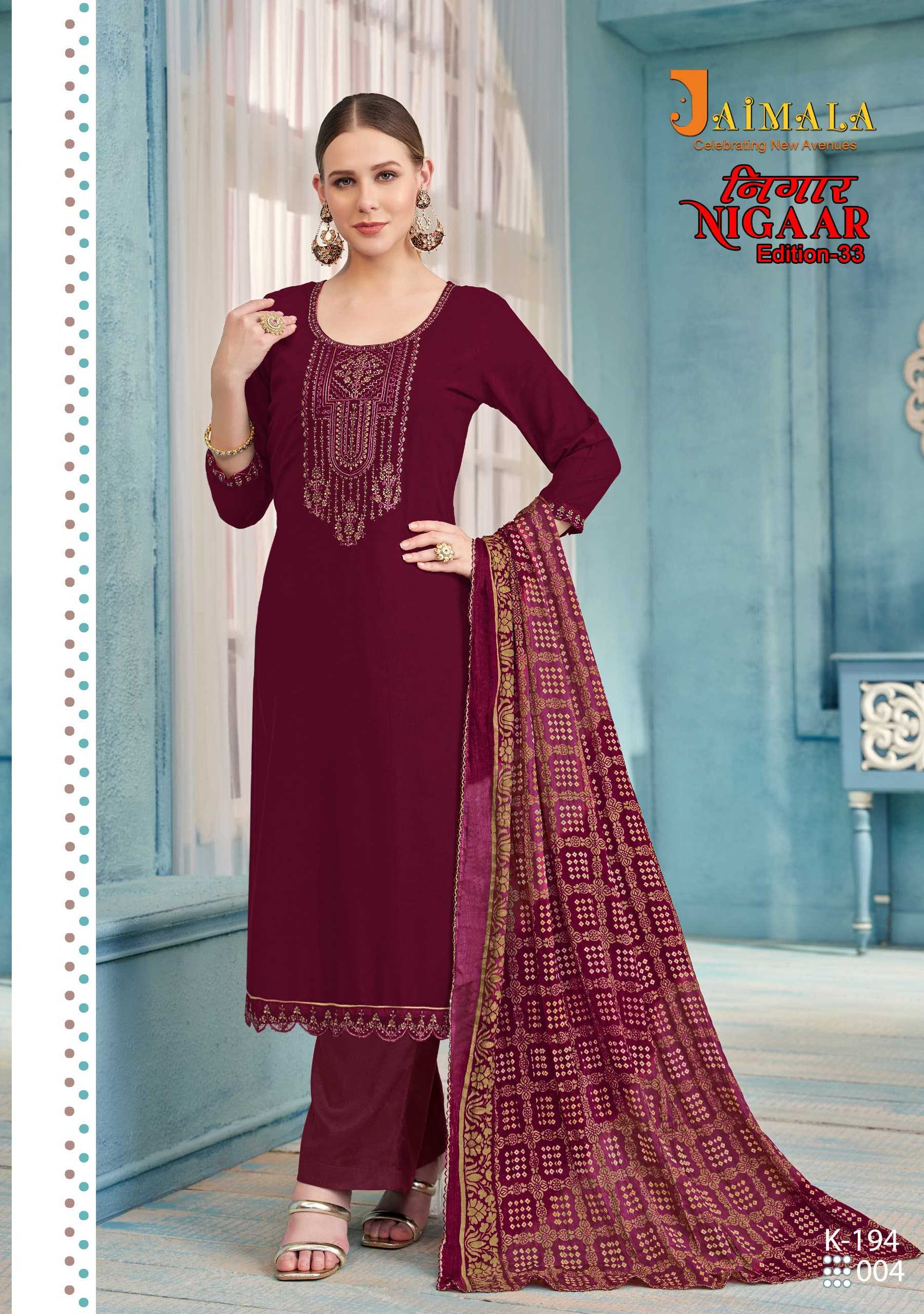 nigaar vol 33 by jaimala alok attractive rayon ladies suits online