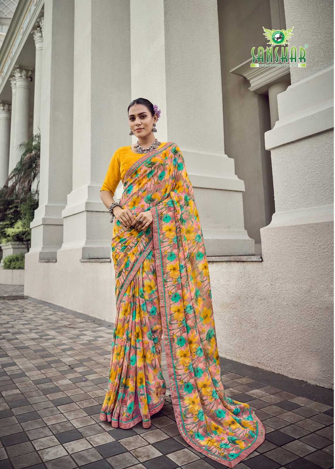 sanskar tex prints malaika embroidery work georgette saree