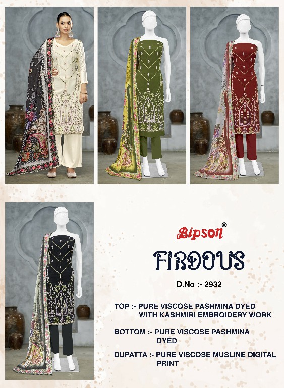 Bipson Firdous 2932 Wholesale Viscose Pashmina With Embroidery Work Winter Dress Material