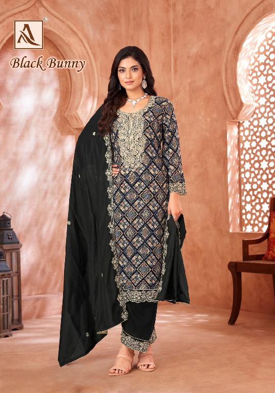 Alok Black Bunny Wholesale Viscose Reyon With Fancy Embroidery Dress Material