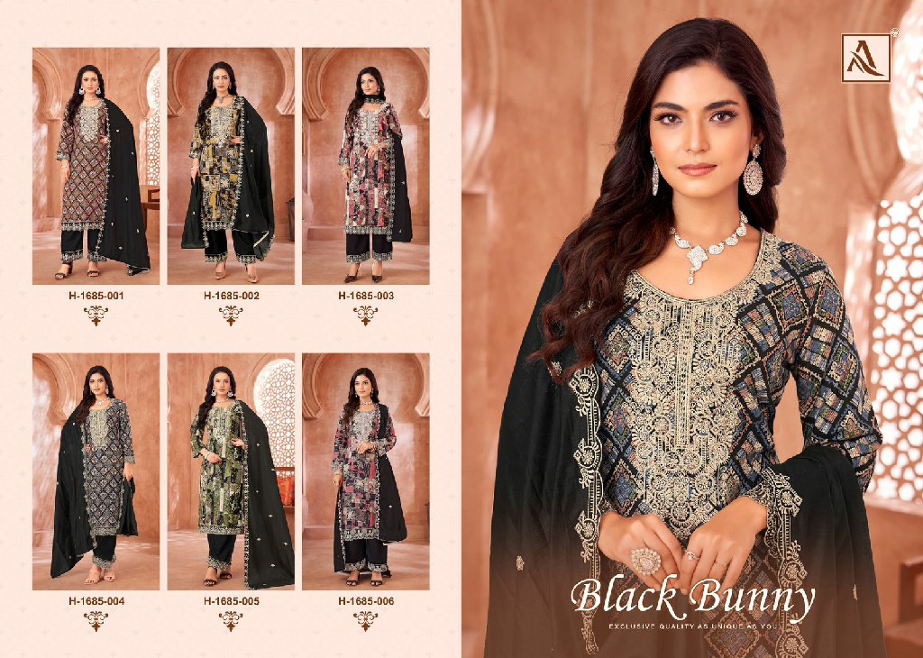 Alok Black Bunny Wholesale Viscose Reyon With Fancy Embroidery Dress Material