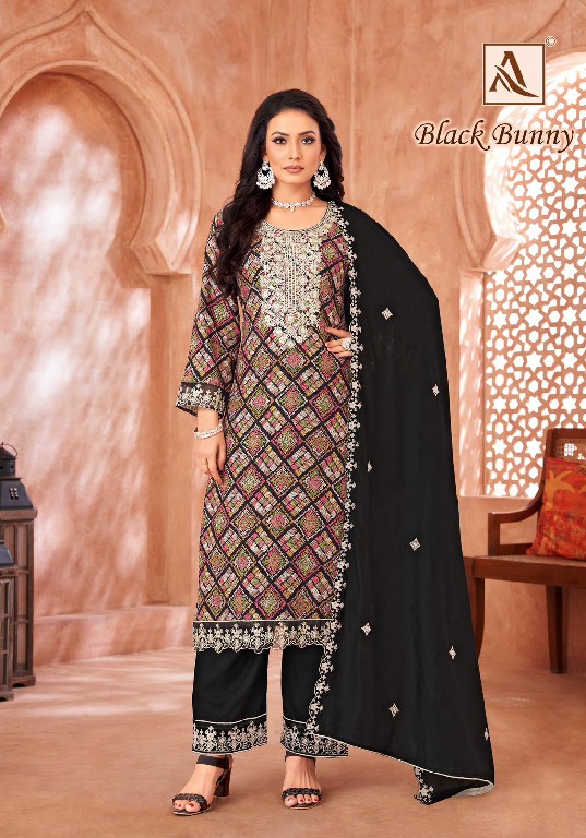 Alok Black Bunny Wholesale Viscose Reyon With Fancy Embroidery Dress Material