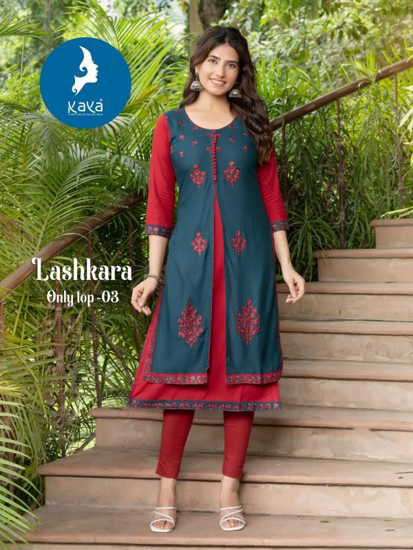 kaya lashkara unique style fullstitch rayon long kurti online