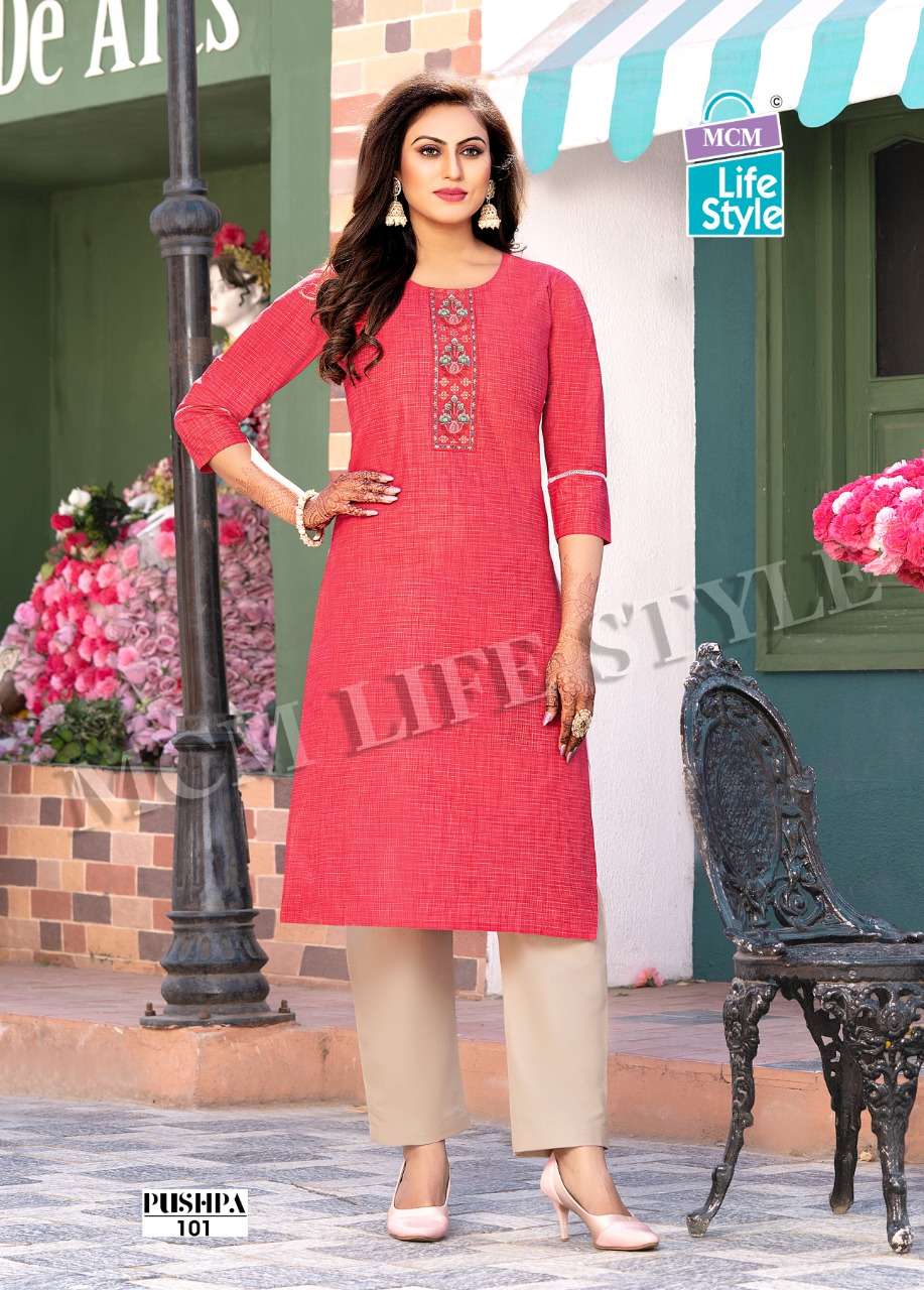 MCM Pushpa MIX Wholesale Handloom Cotton With Work Straight Long Kurtis