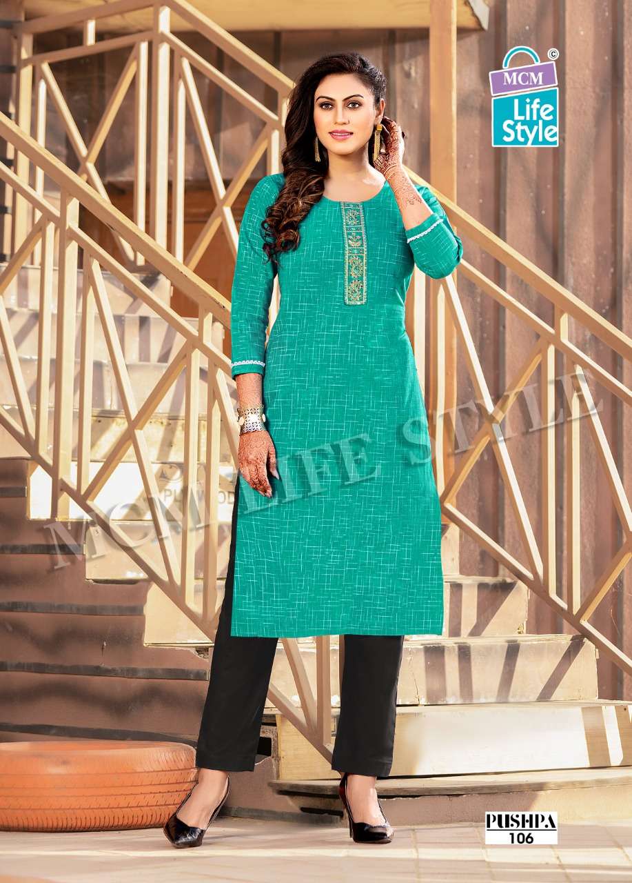 MCM Pushpa MIX Wholesale Handloom Cotton With Work Straight Long Kurtis