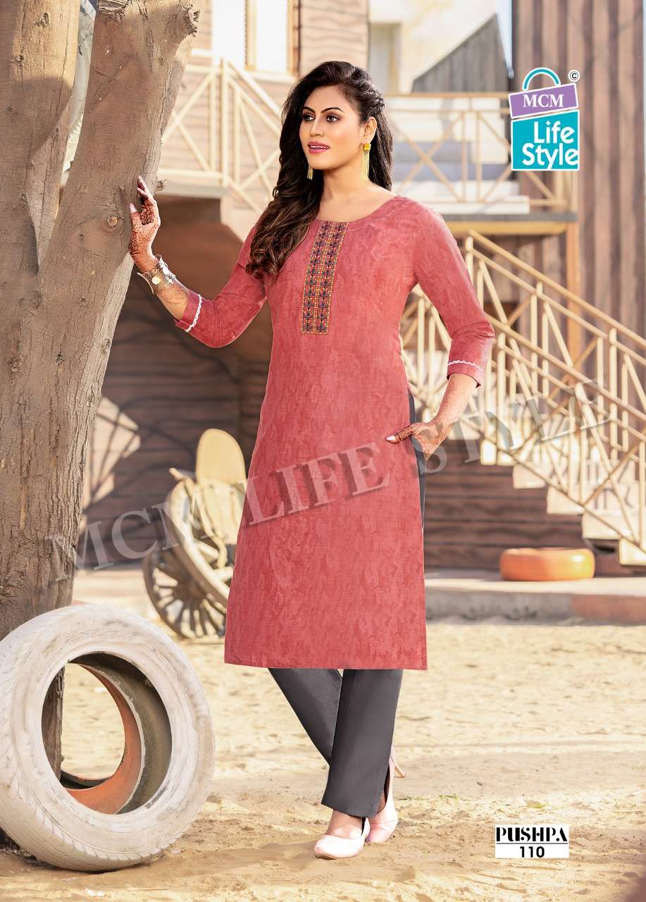 MCM Pushpa MIX Wholesale Handloom Cotton With Work Straight Long Kurtis