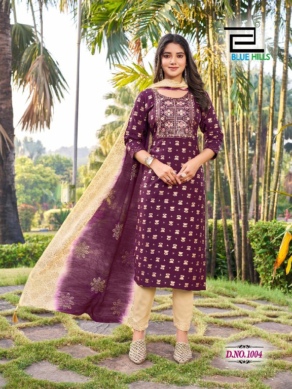 blue hills suva chanderi foil printed readymade plus size ladies suits