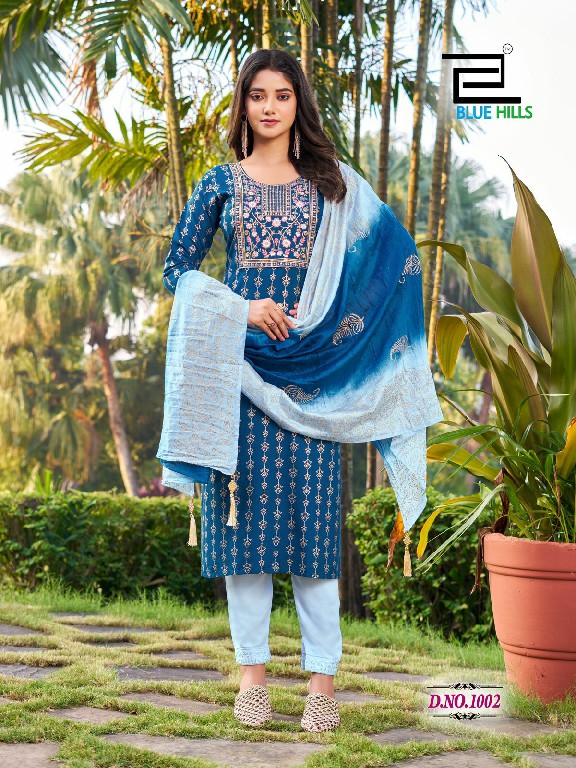 blue hills suva chanderi foil printed readymade plus size ladies suits
