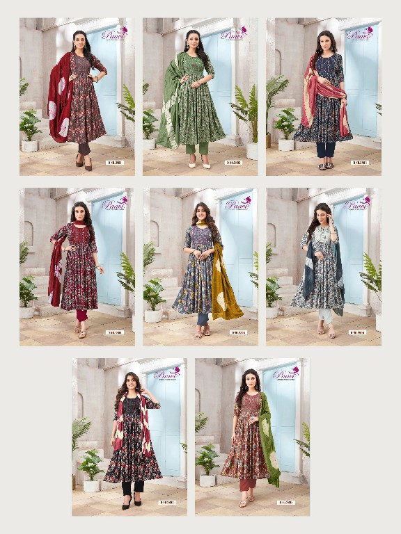 lavya vol 3 by paavi unique heavy print rinkle readymade umbrella 3pcs suits